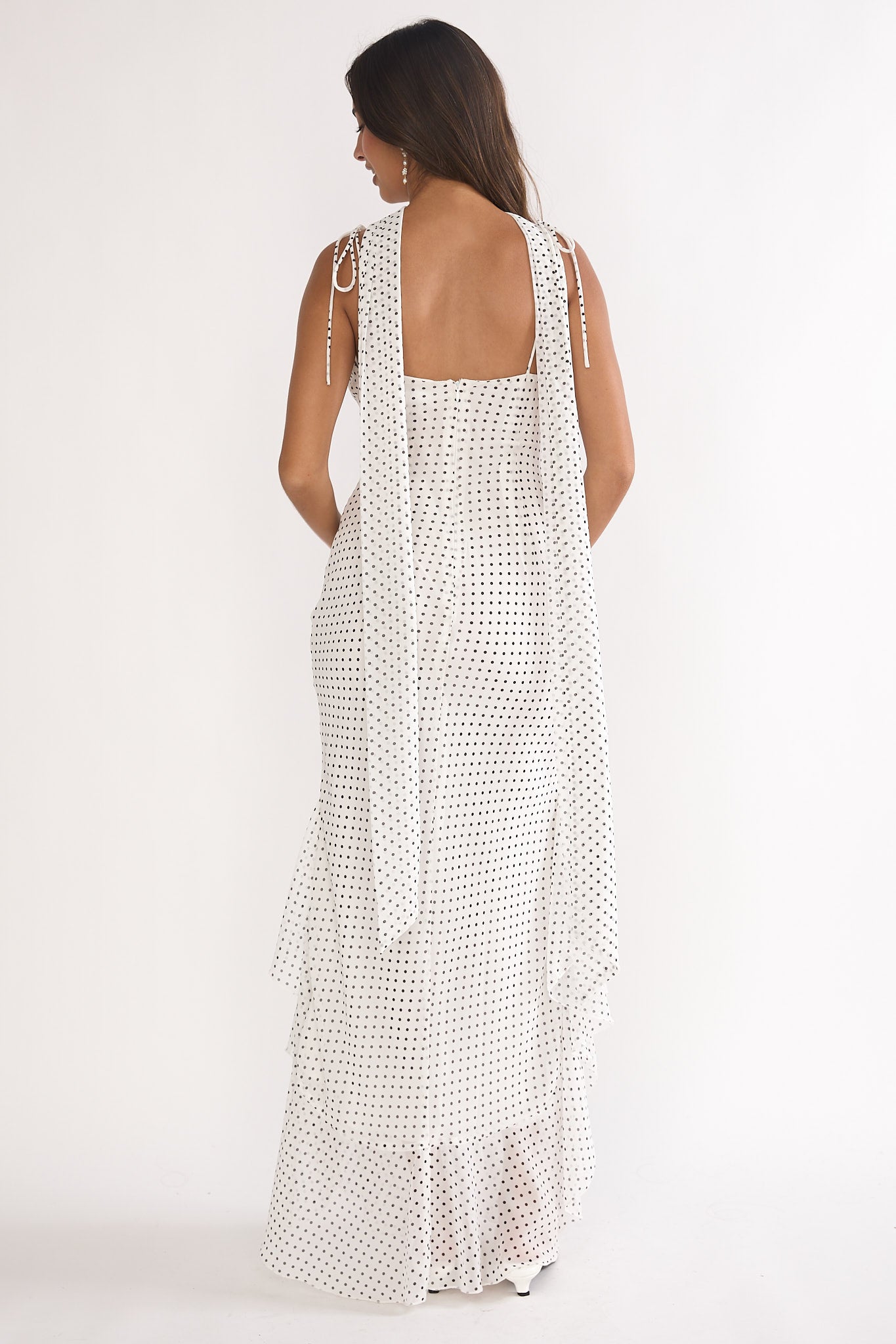 Emmara Tied Shoulder Maxi Dress Polka Dot White-Maymioy
