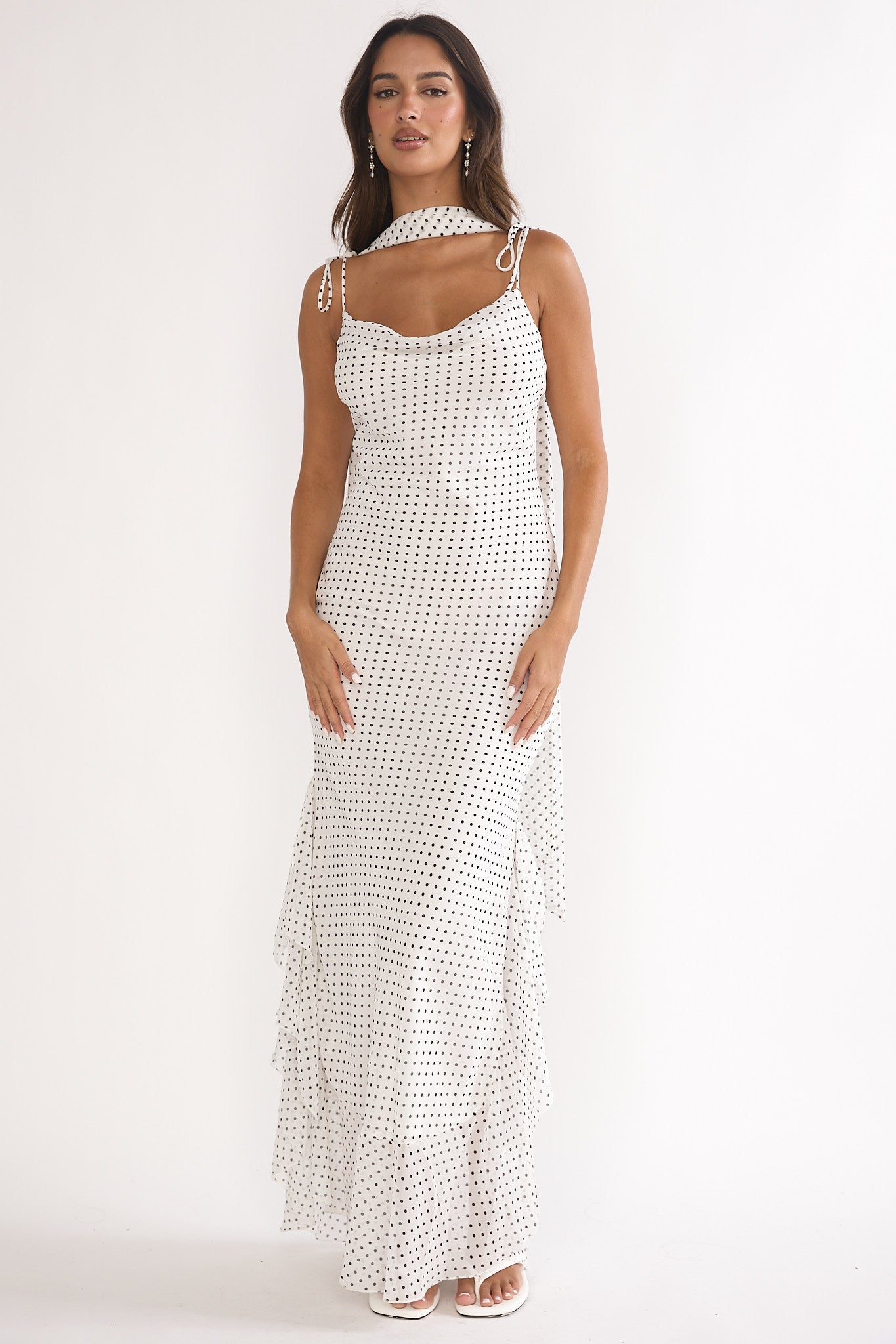 Emmara Tied Shoulder Maxi Dress Polka Dot White-Maymioy