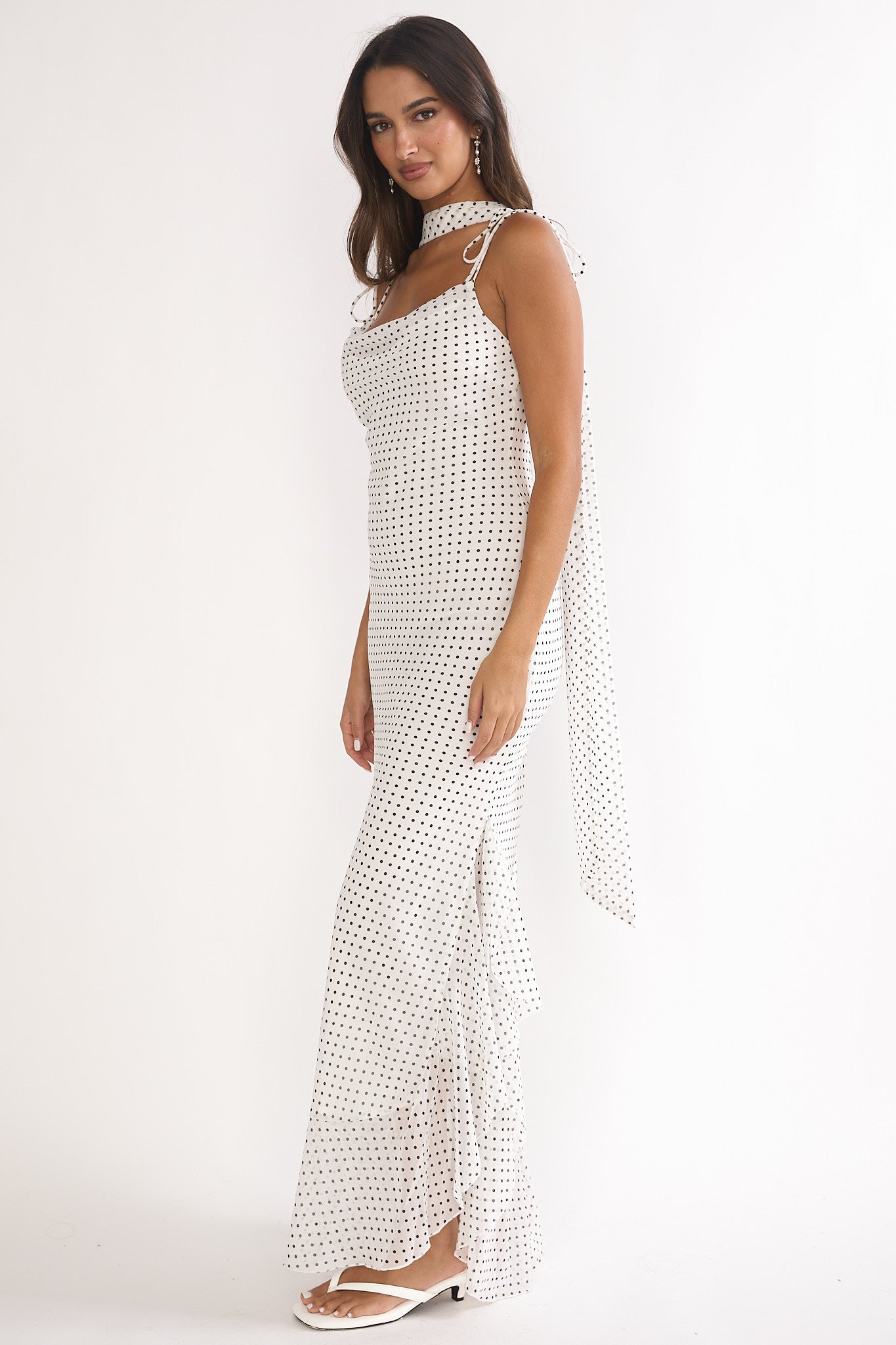 Emmara Tied Shoulder Maxi Dress Polka Dot White-Maymioy