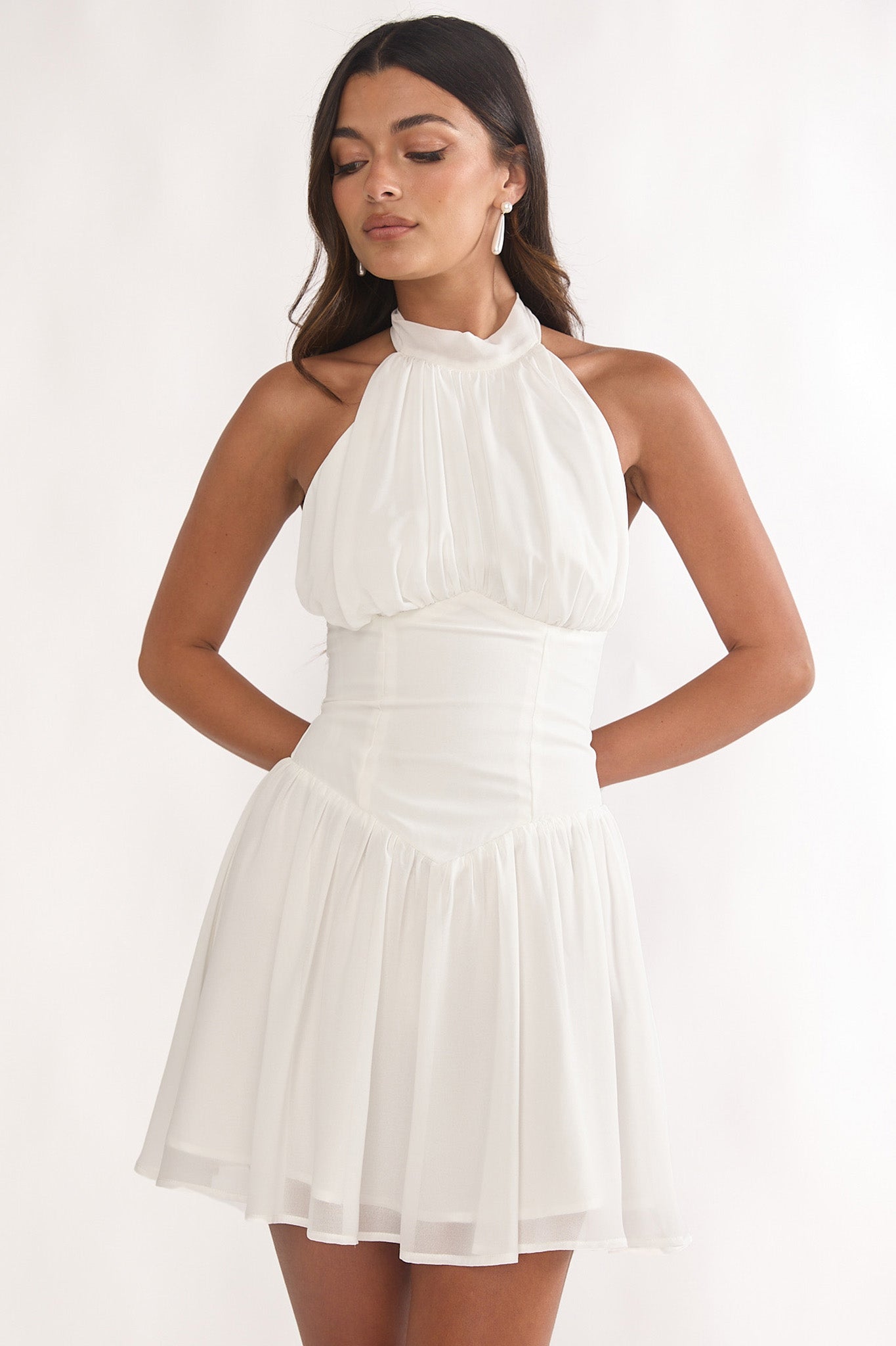 Lunaria High Neck Halterneck Mini Dress White-Maymioy