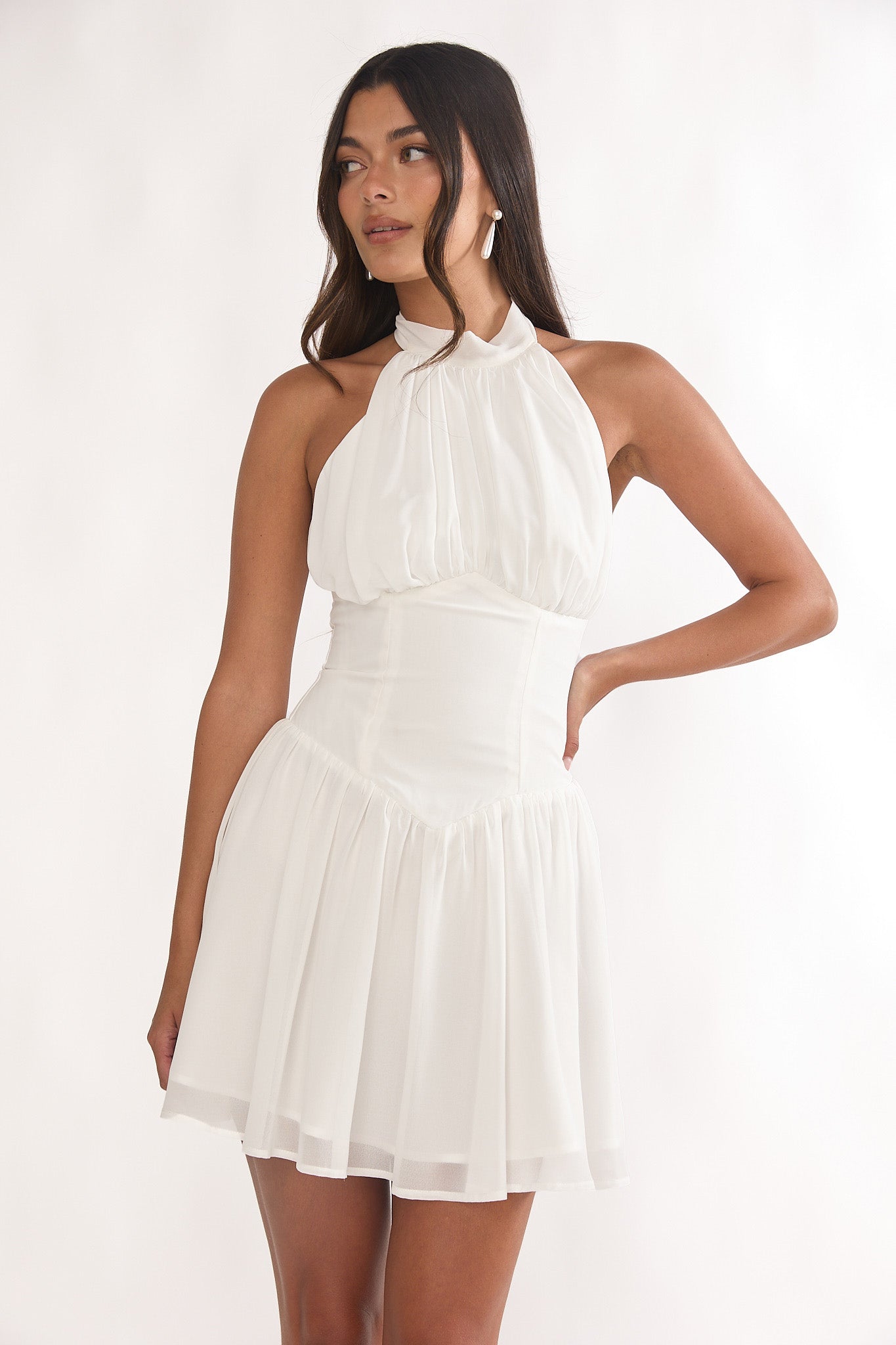 Lunaria High Neck Halterneck Mini Dress White-Maymioy
