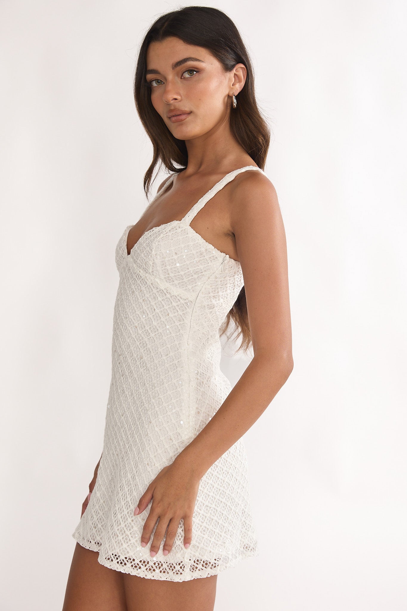 Honduras Crochet Knit Mini Dress Sequin Off White-Maymioy