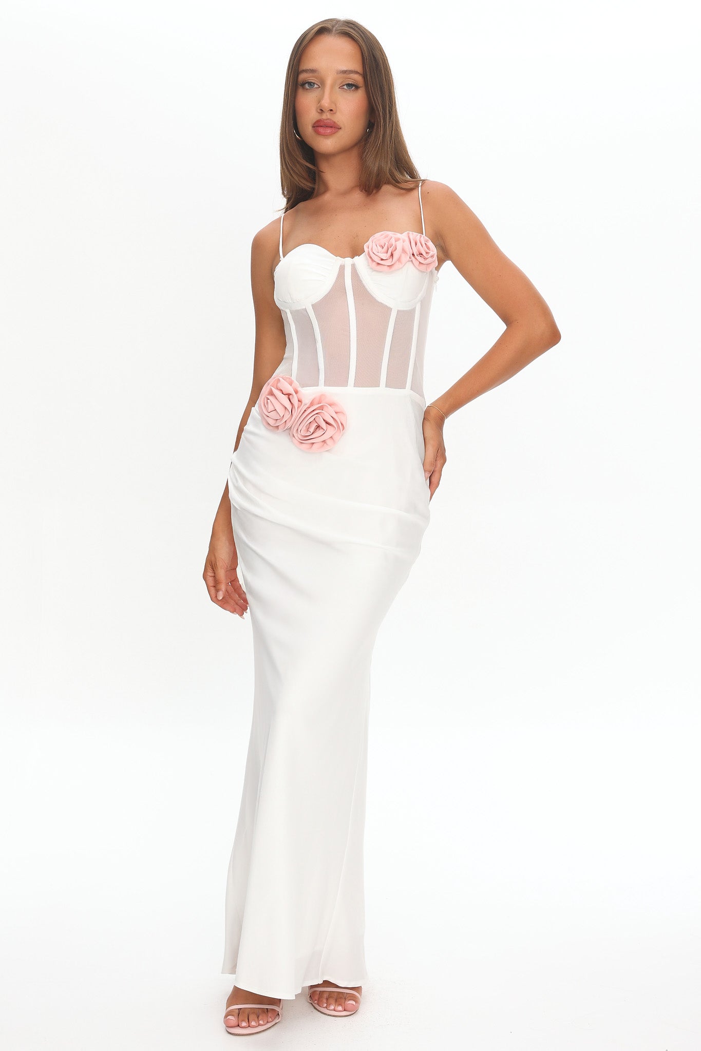 Ismera Sheer Bodice Rosette Maxi Dress White-Maymioy