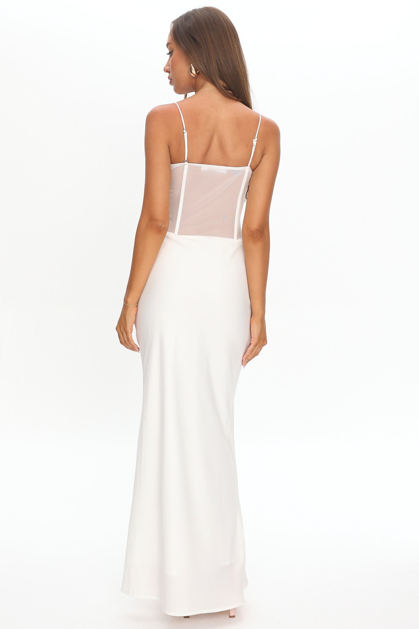 Ismera Sheer Bodice Rosette Maxi Dress White-Maymioy