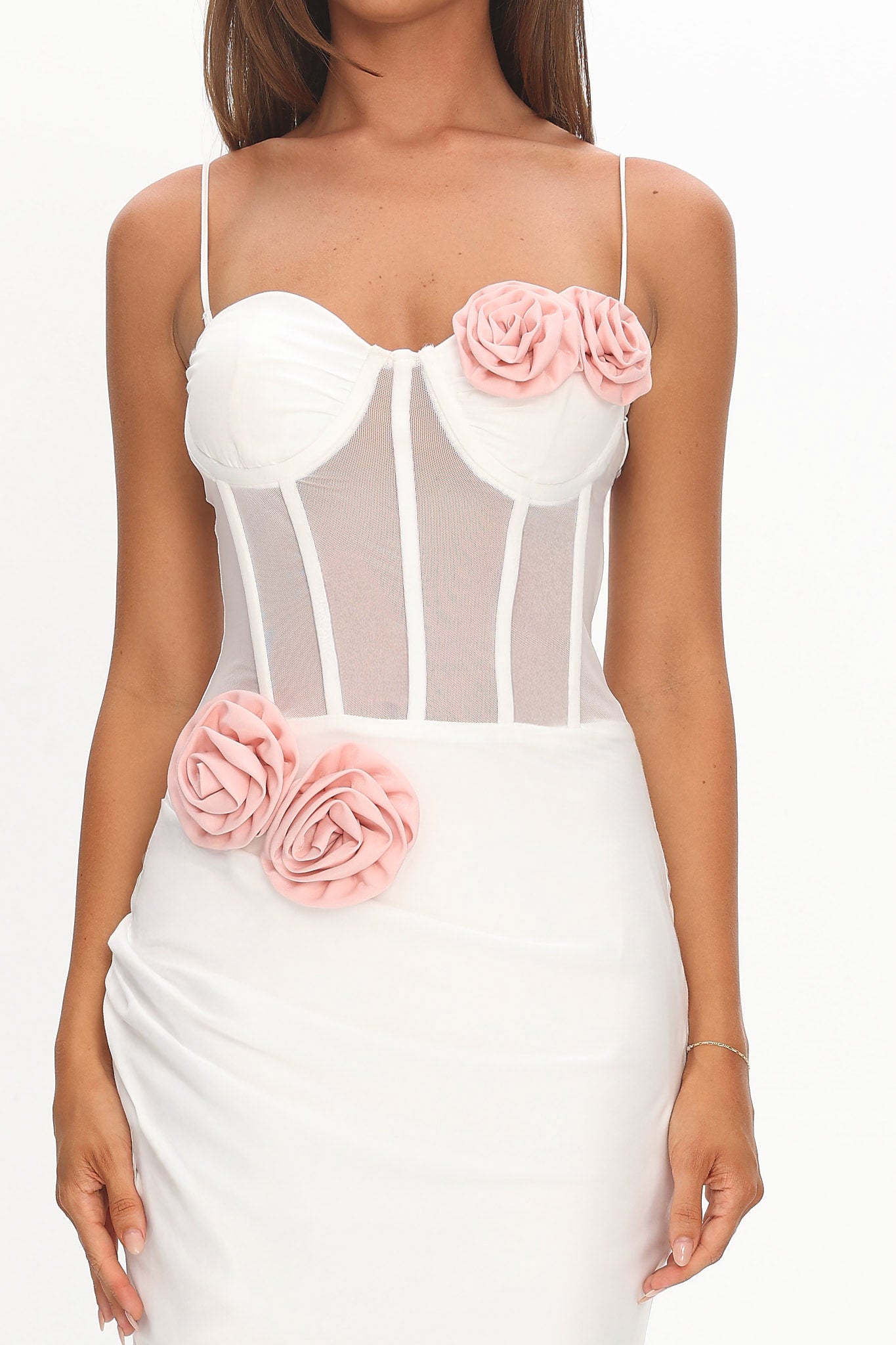 Ismera Sheer Bodice Rosette Maxi Dress White-Maymioy