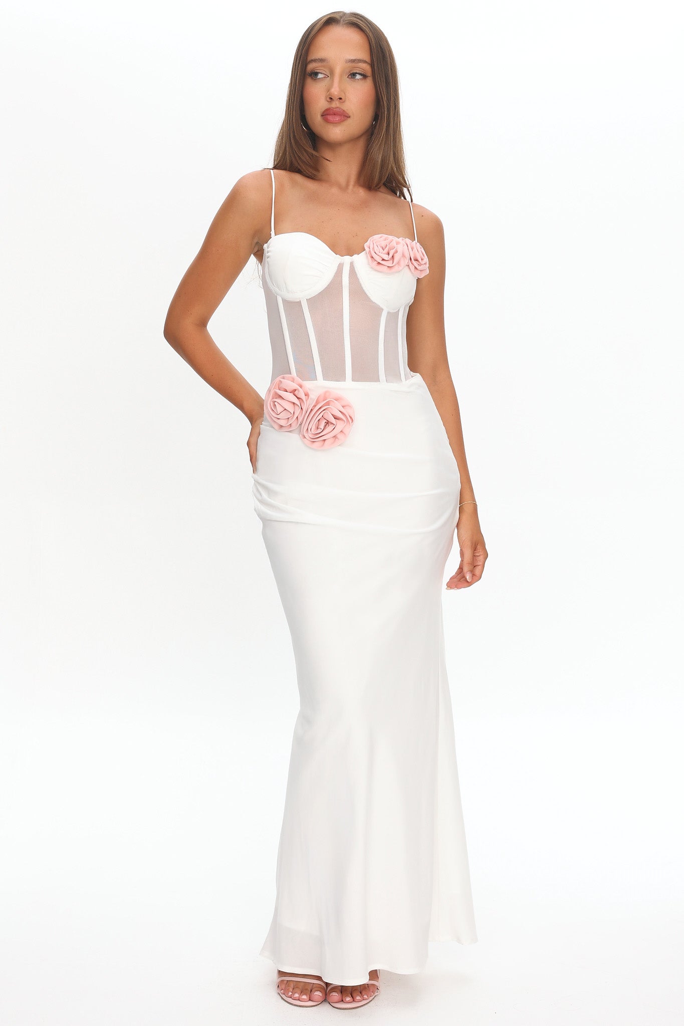 Ismera Sheer Bodice Rosette Maxi Dress White-Maymioy