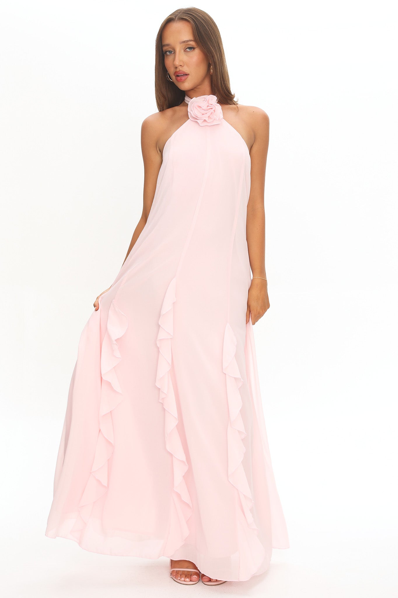 Lecce Halterneck Ruffle Trim Maxi Dress Blush-Maymioy