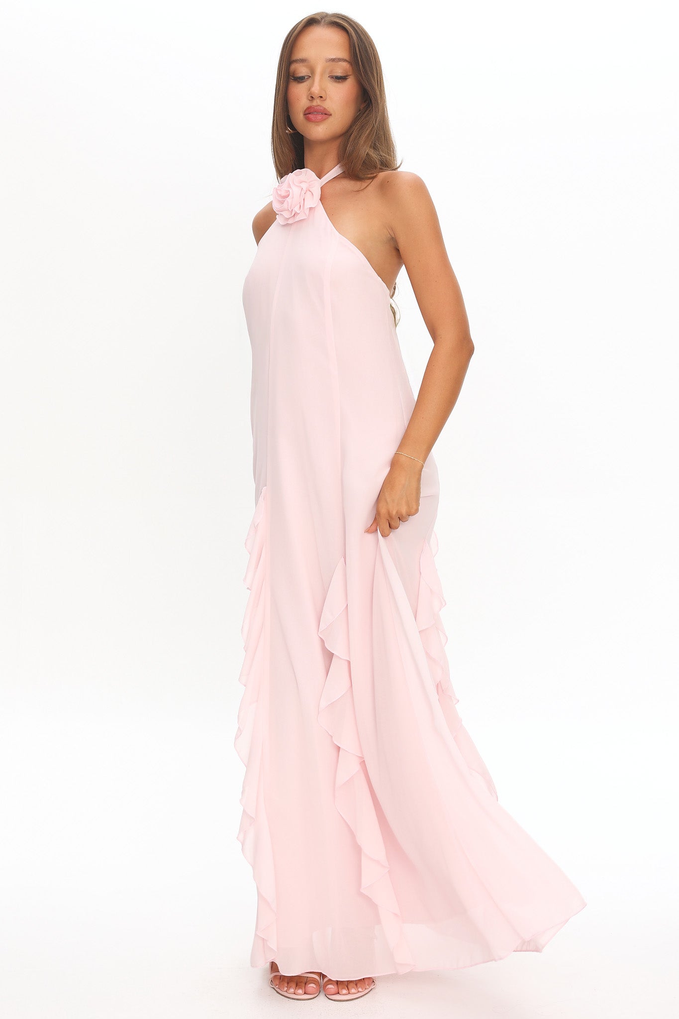 Lecce Halterneck Ruffle Trim Maxi Dress Blush-Maymioy
