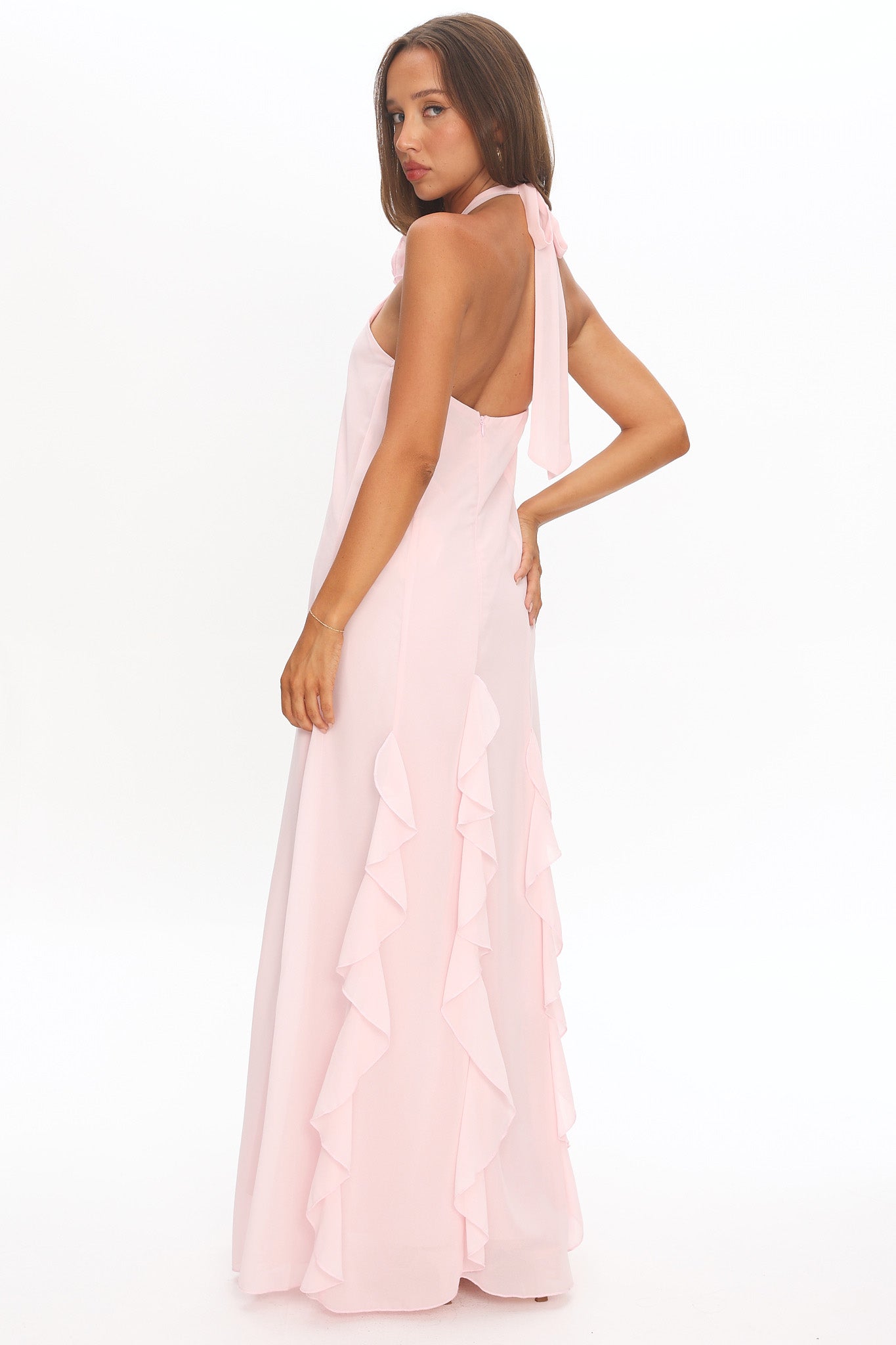 Lecce Halterneck Ruffle Trim Maxi Dress Blush-Maymioy