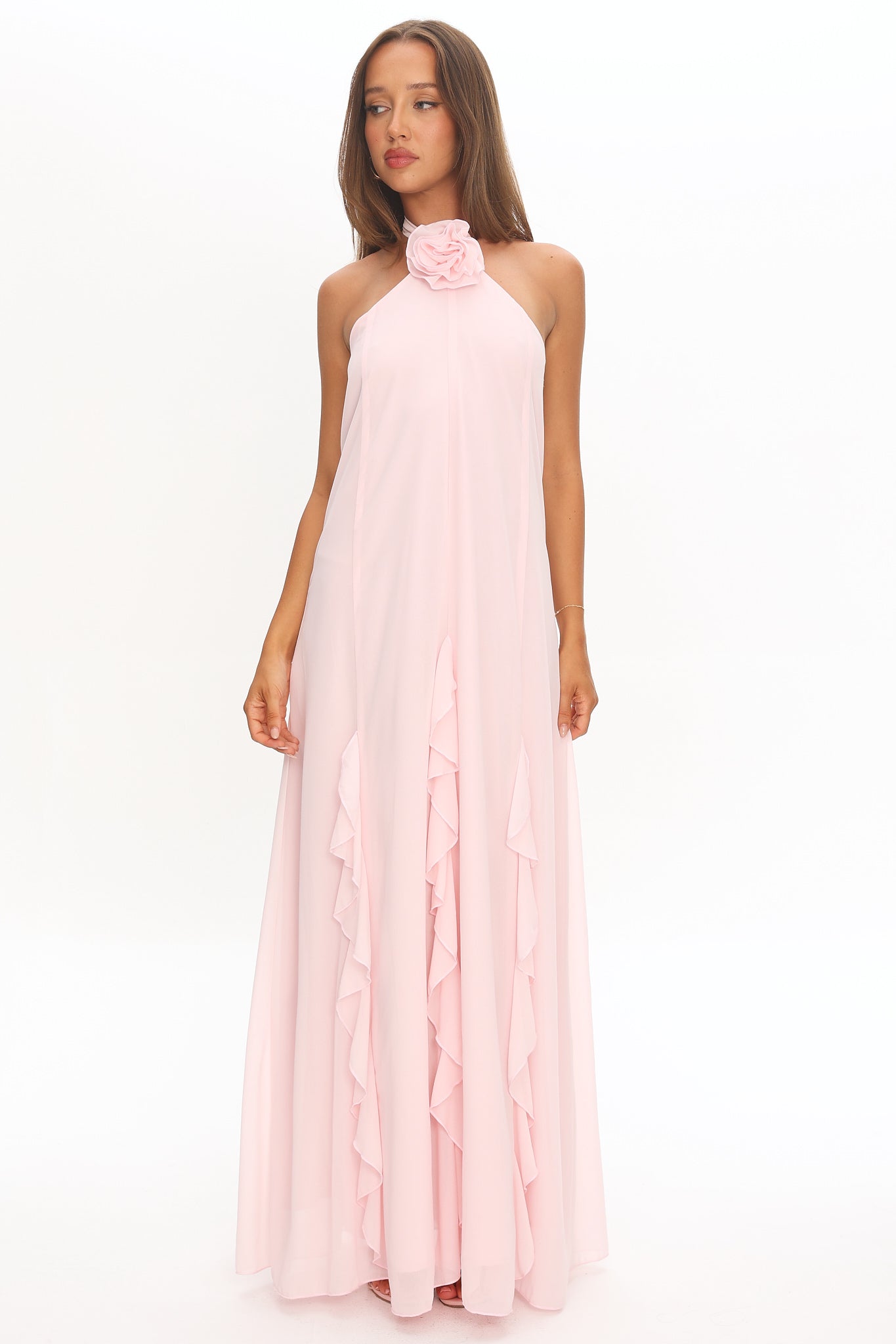 Lecce Halterneck Ruffle Trim Maxi Dress Blush-Maymioy