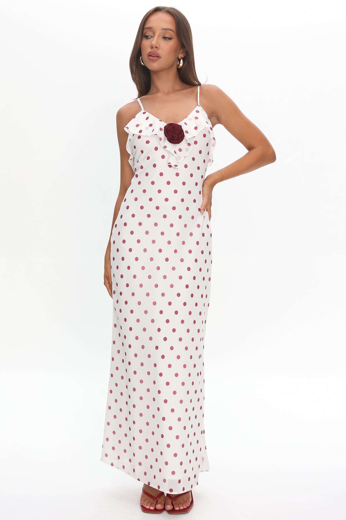 Bellissa Ruffle Bust Maxi Dress Polka Dot Red-Maymioy