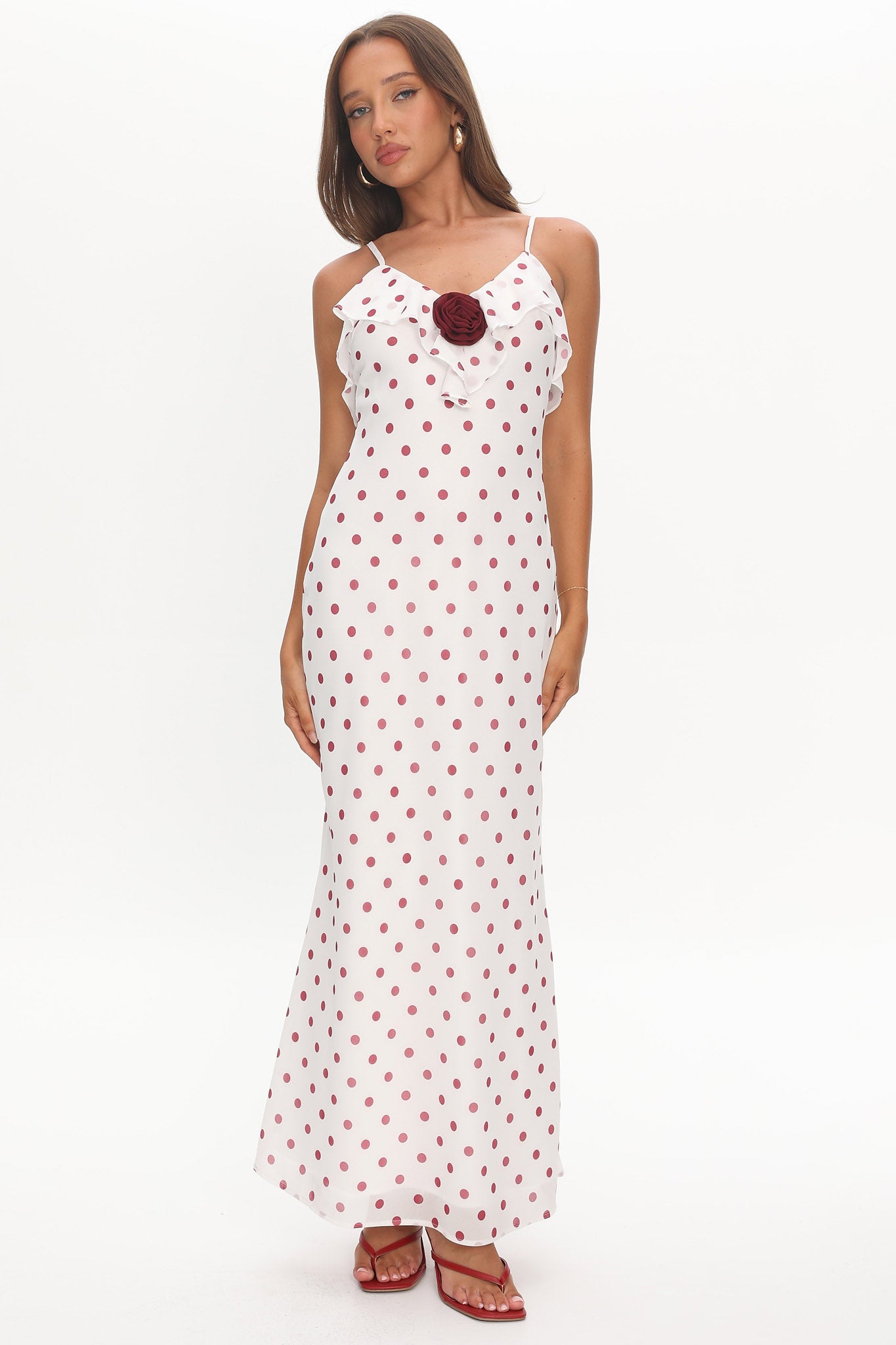 Bellissa Ruffle Bust Maxi Dress Polka Dot Red-Maymioy