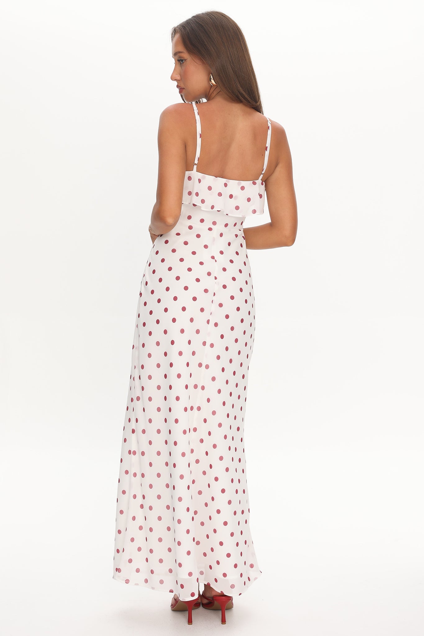 Bellissa Ruffle Bust Maxi Dress Polka Dot Red-Maymioy