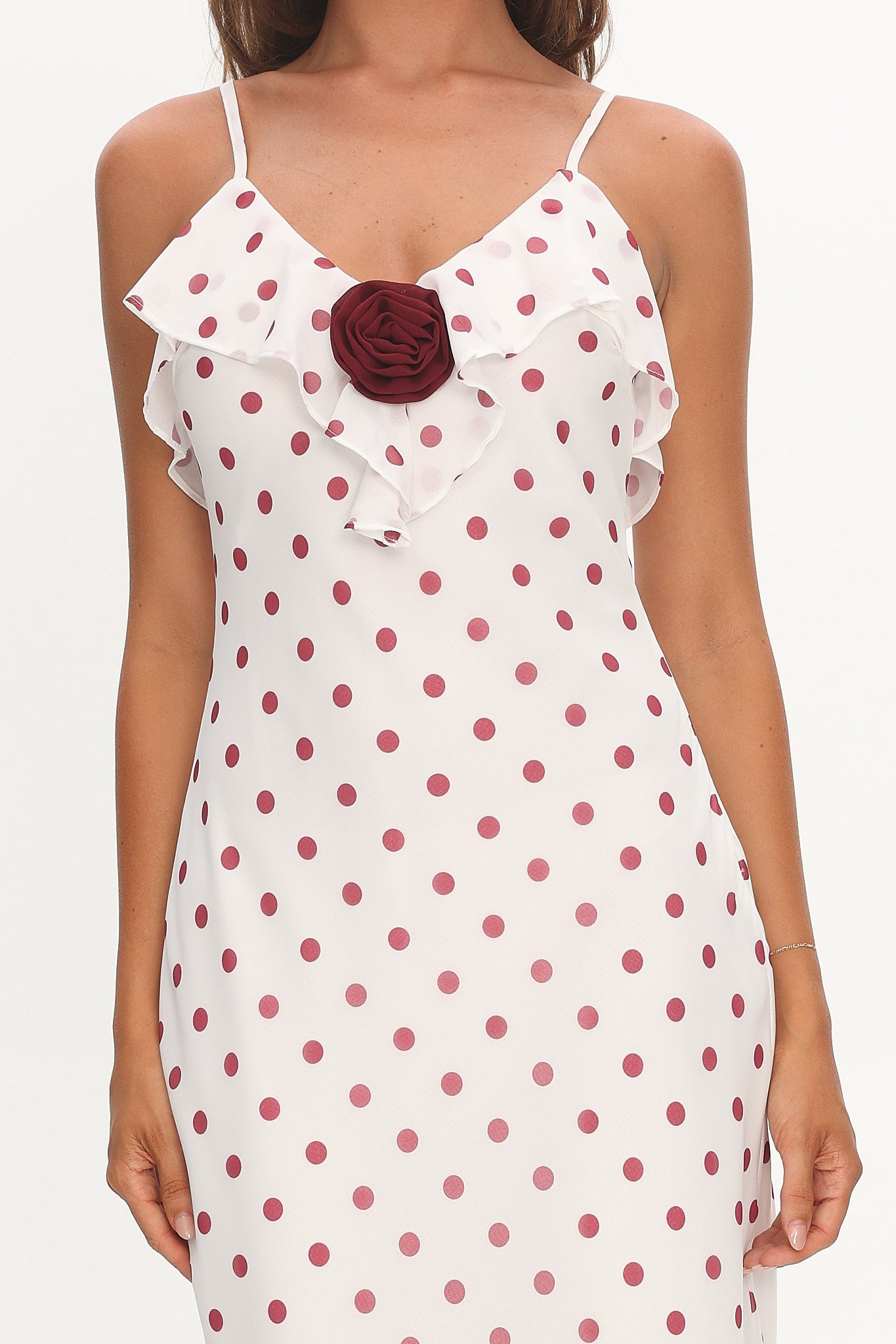 Bellissa Ruffle Bust Maxi Dress Polka Dot Red-Maymioy