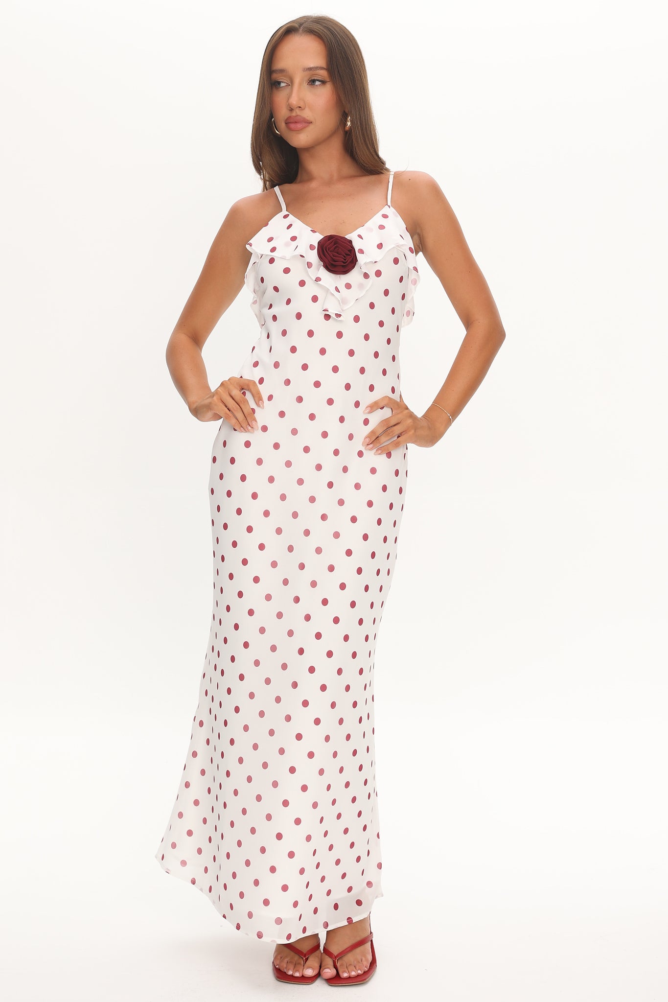 Bellissa Ruffle Bust Maxi Dress Polka Dot Red-Maymioy