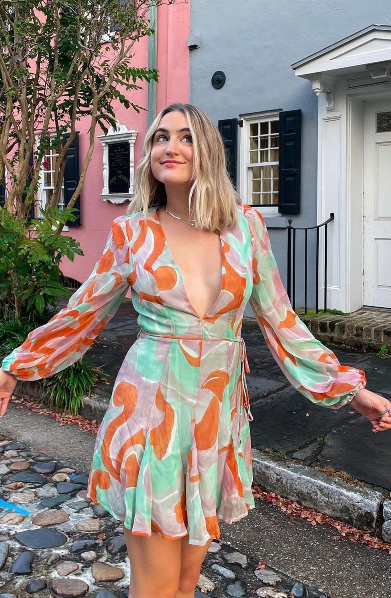 Estelle Long Sleeve V-Neckline Dress Swirl Print Orange/Mint-Maymioy