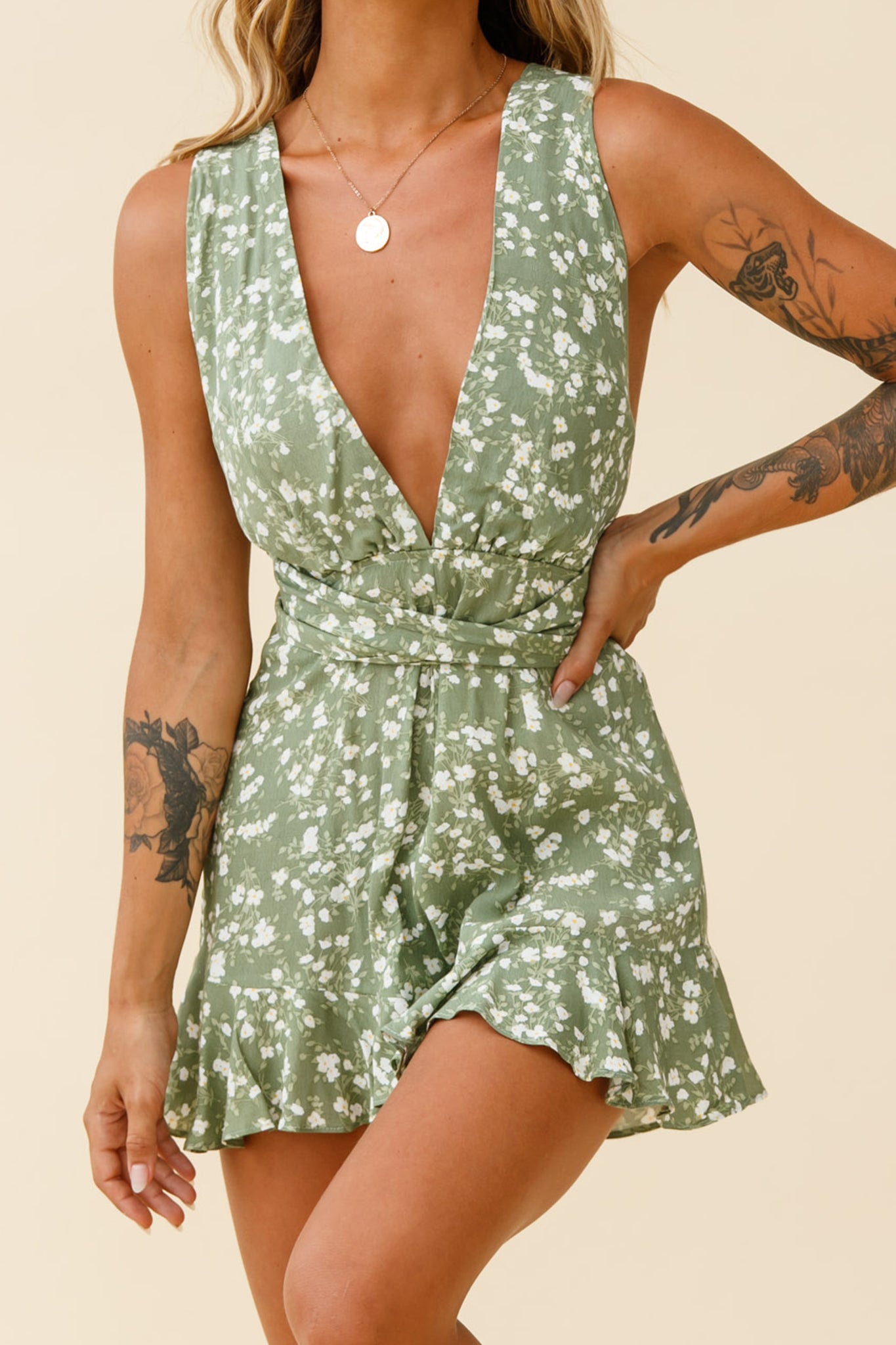 Playa Vista Halterneck Frill Hem Romper Floral Print Olive-Maymioy