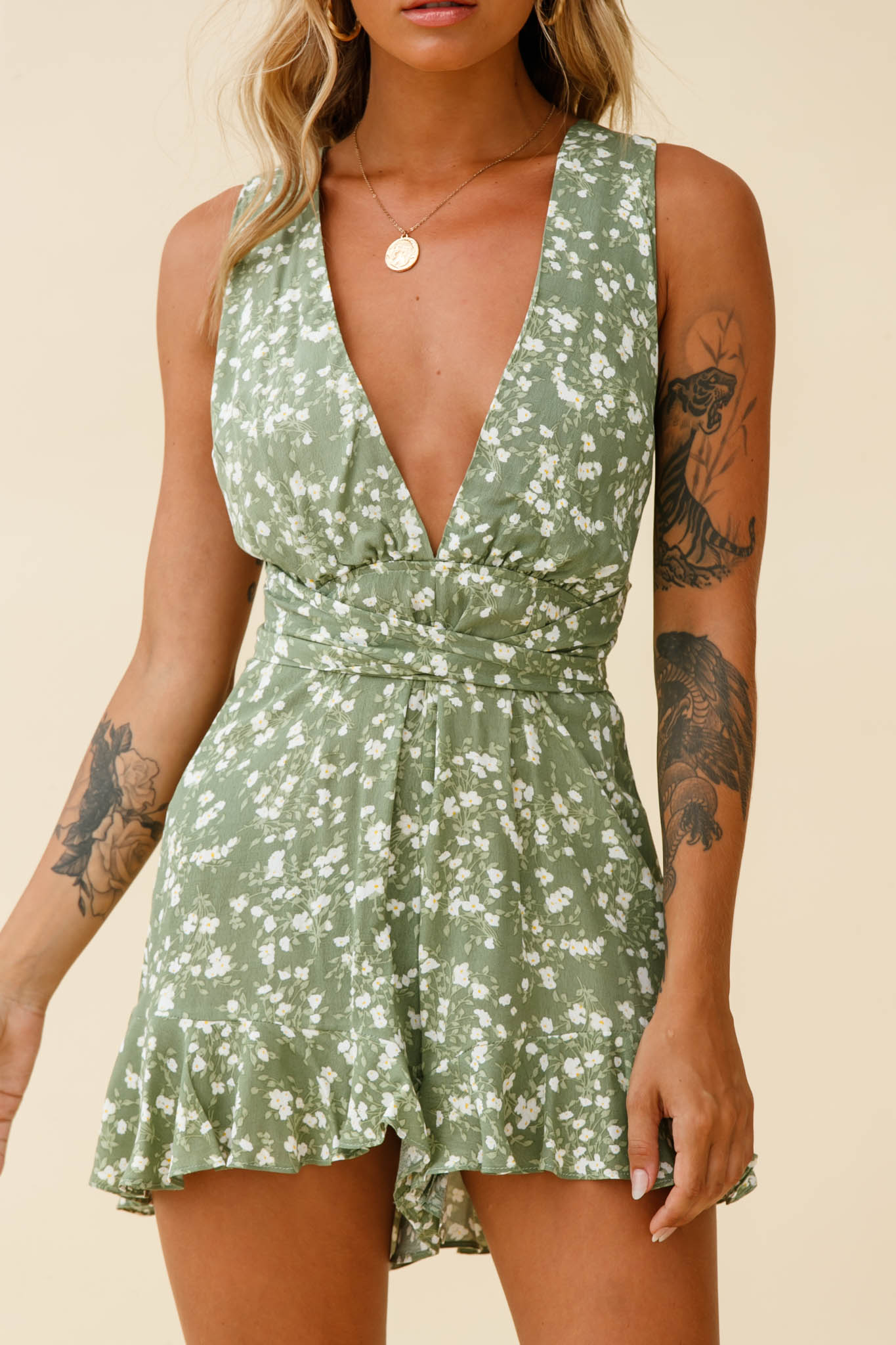 Playa Vista Halterneck Frill Hem Romper Floral Print Olive-Maymioy