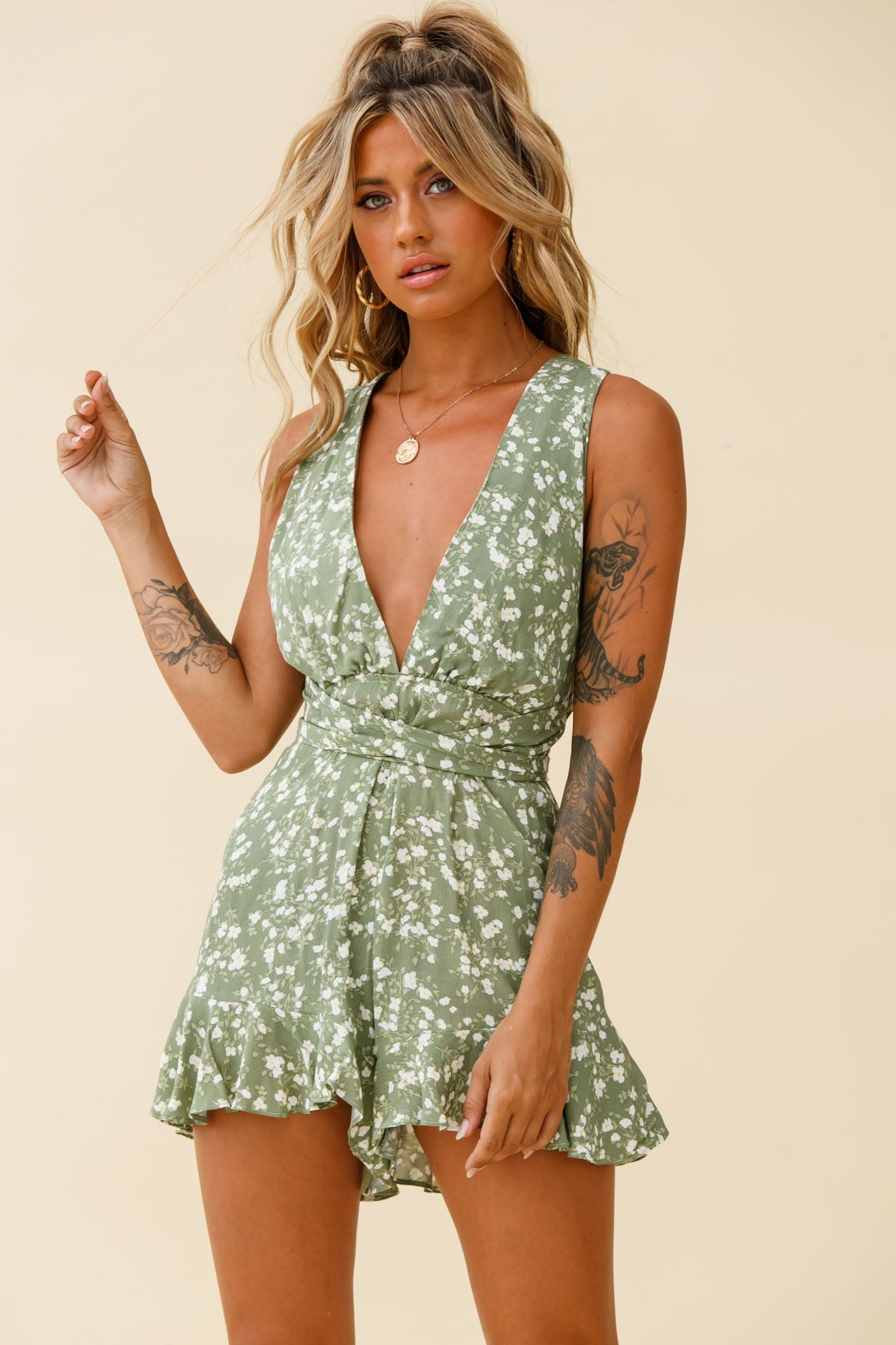 Playa Vista Halterneck Frill Hem Romper Floral Print Olive-Maymioy