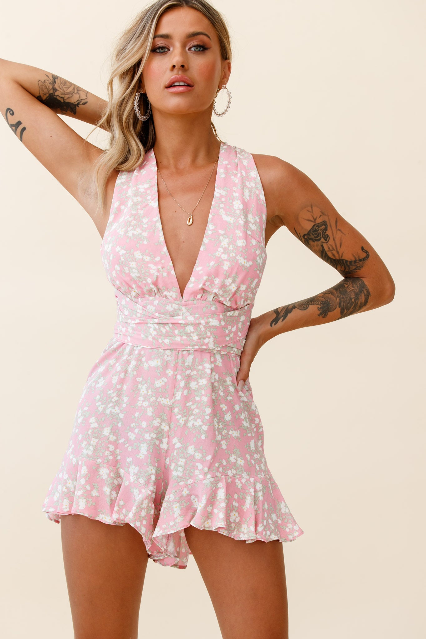 Playa Vista Halterneck Frill Hem Romper Floral Print Pink-Maymioy