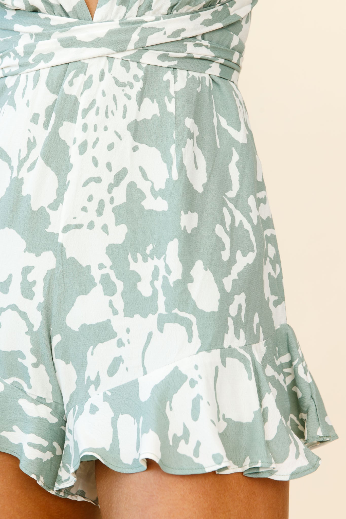 Playa Vista Halterneck Frill Hem Romper Stencil Print Sage-Maymioy