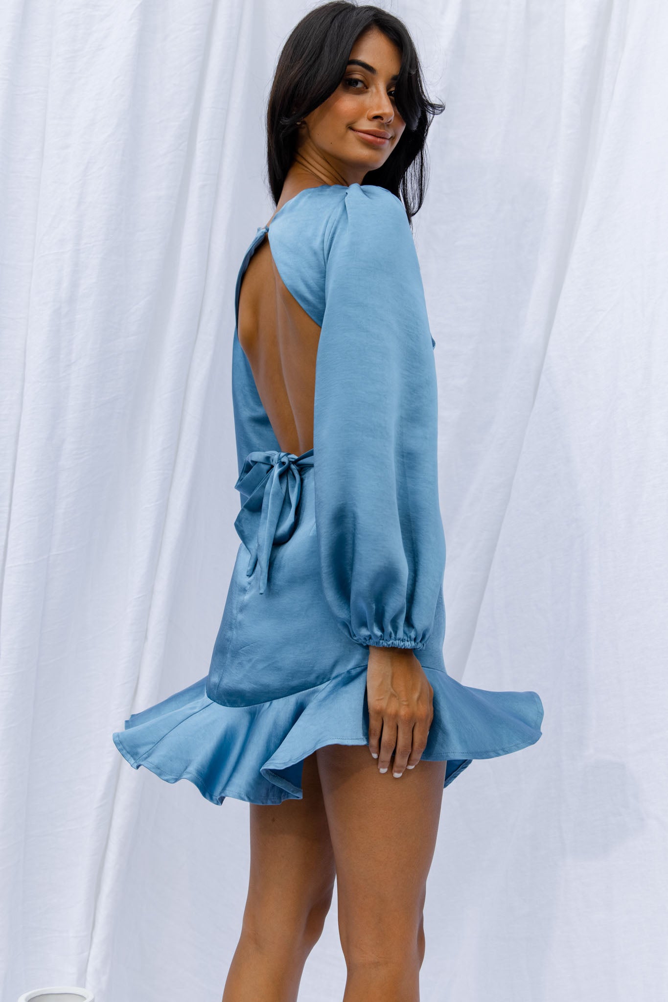 Playa Vista Long Sleeve Frill Hem Dress Blue-Maymioy