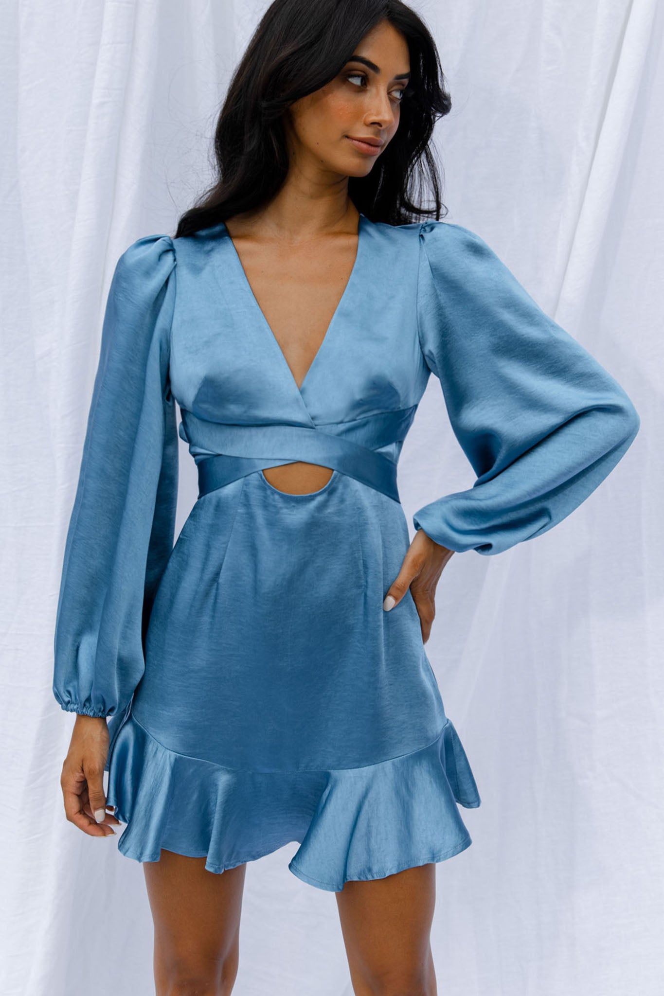 Playa Vista Long Sleeve Frill Hem Dress Blue-Maymioy