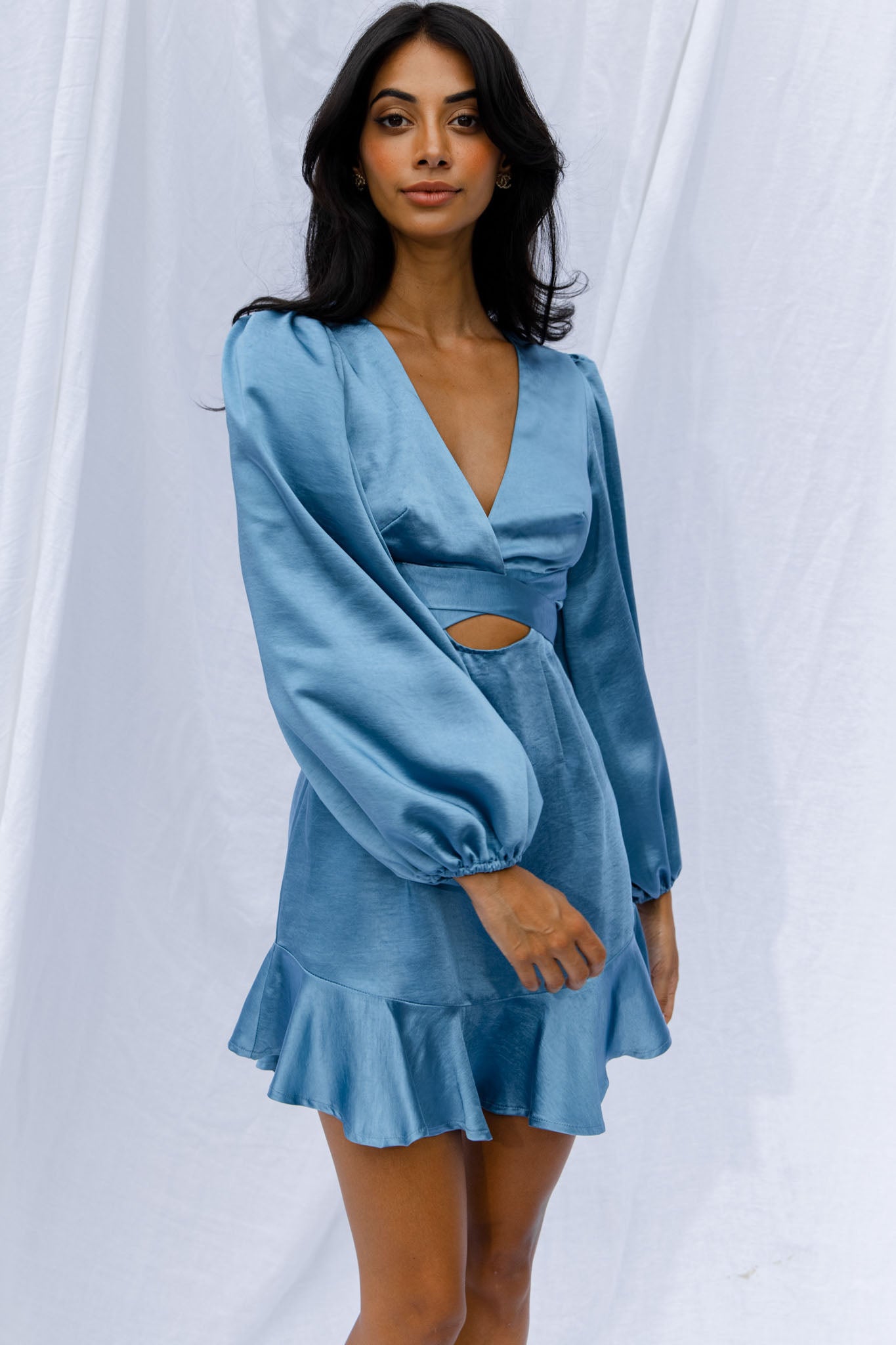 Playa Vista Long Sleeve Frill Hem Dress Blue-Maymioy