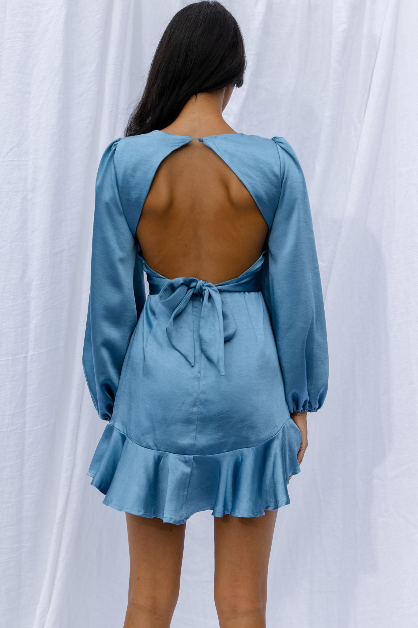 Playa Vista Long Sleeve Frill Hem Dress Blue-Maymioy