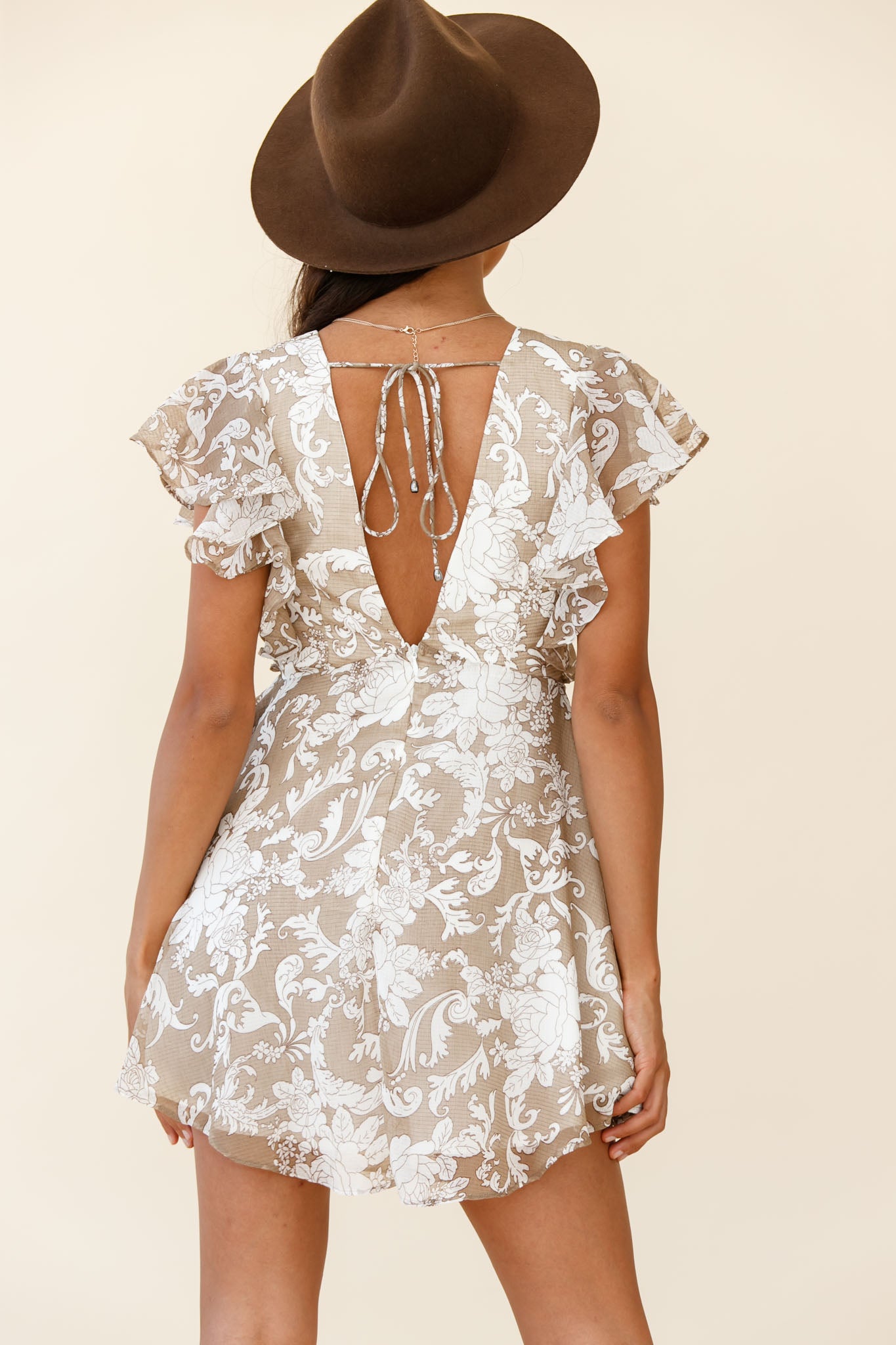 Say That Again Ruffle Shoulder Dress Ornate Floral Print Beige-Maymioy
