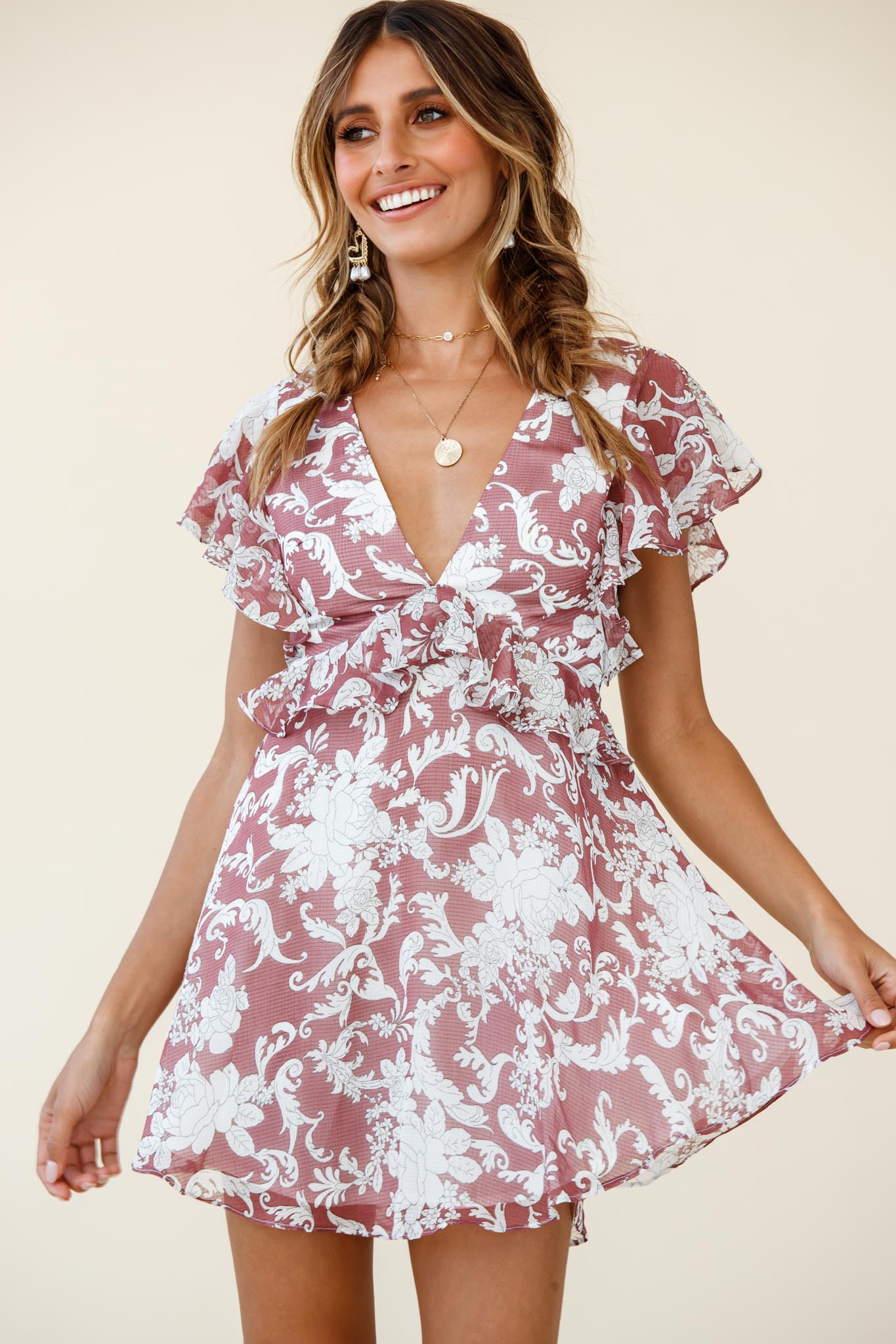 Say That Again Ruffle Shoulder Dress Ornate Floral Print Maroon-Maymioy