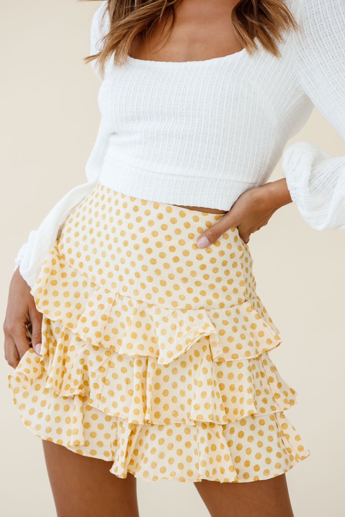 Let Them Eat Cake Triple Ruffle Skirt Polka Dot Yellow-Maymioy