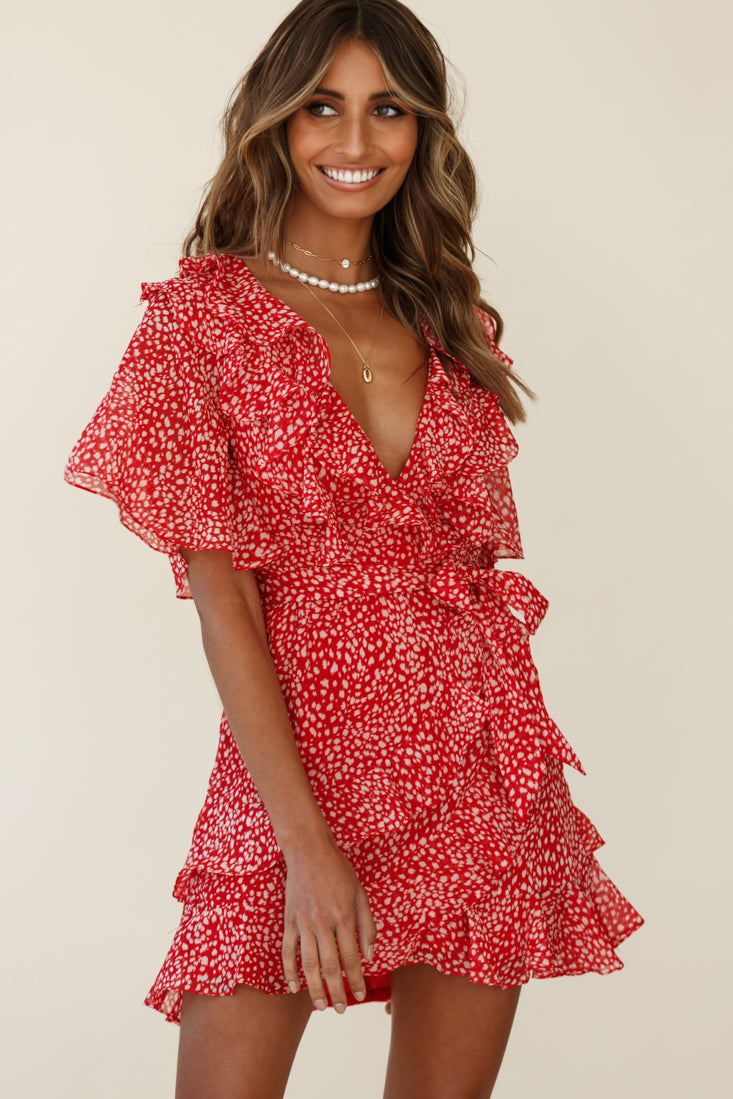 Sweet Talk Short Sleeve Ruffle Detail Dress Speckle Print Red-Maymioy