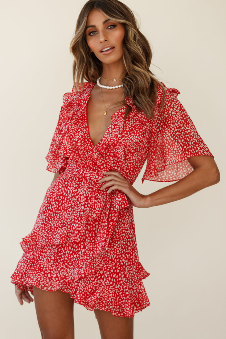Sweet Talk Short Sleeve Ruffle Detail Dress Speckle Print Red-Maymioy