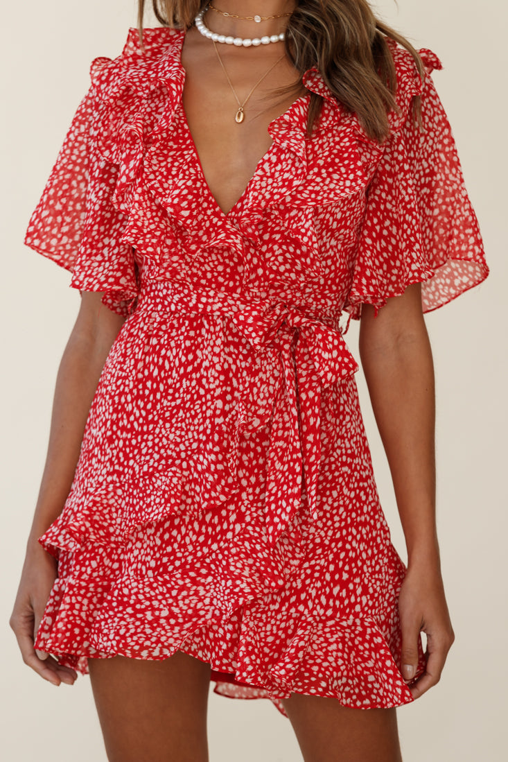 Sweet Talk Short Sleeve Ruffle Detail Dress Speckle Print Red-Maymioy