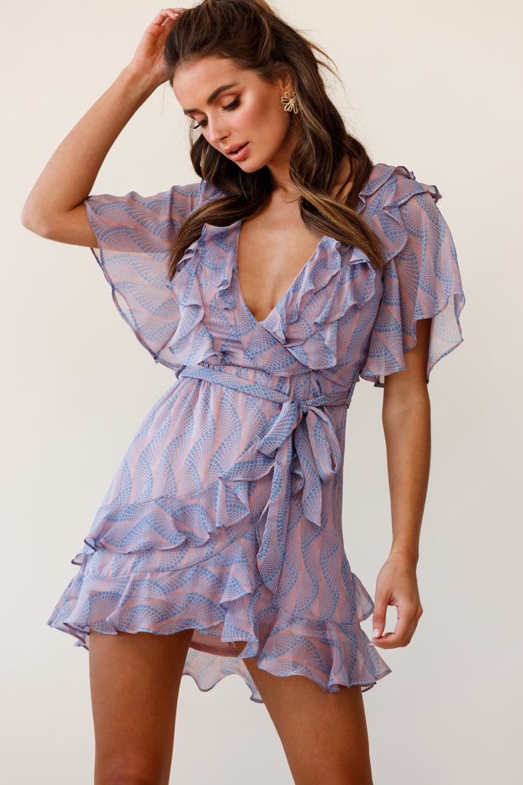 Sweet Talk Short Sleeve Ruffle Detail Dress Dot Pattern Rose/Blue-Maymioy