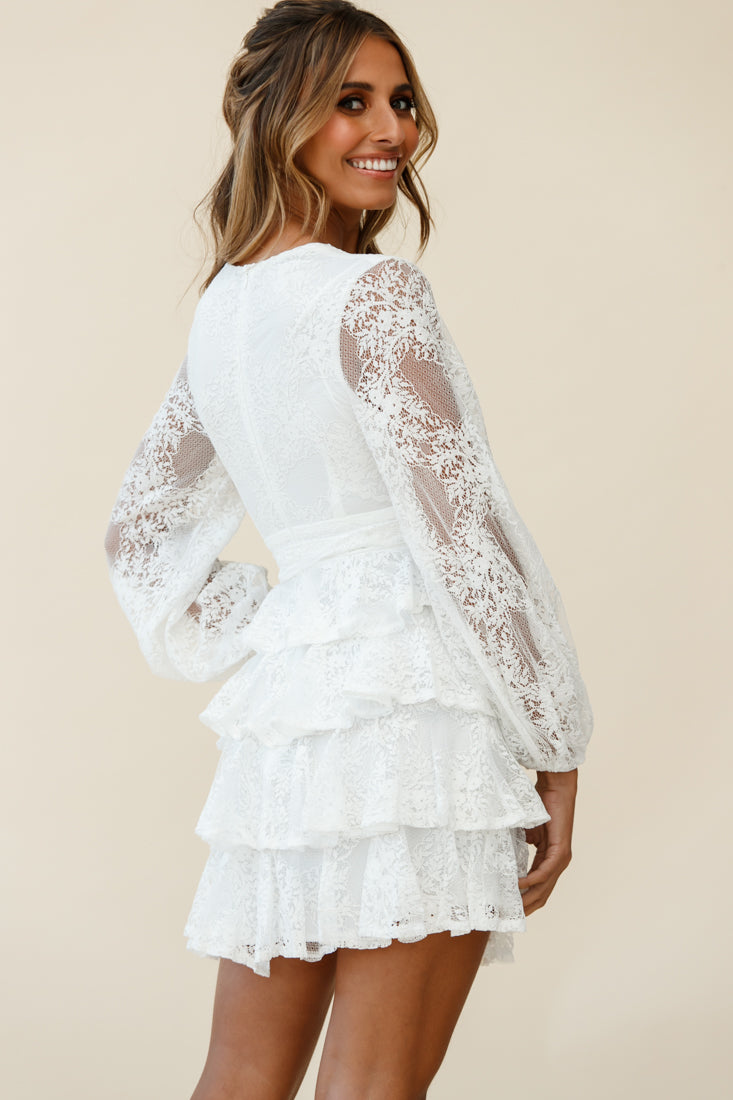 Queensland Balloon Sleeve Tiered Frill Lace Dress White-Maymioy