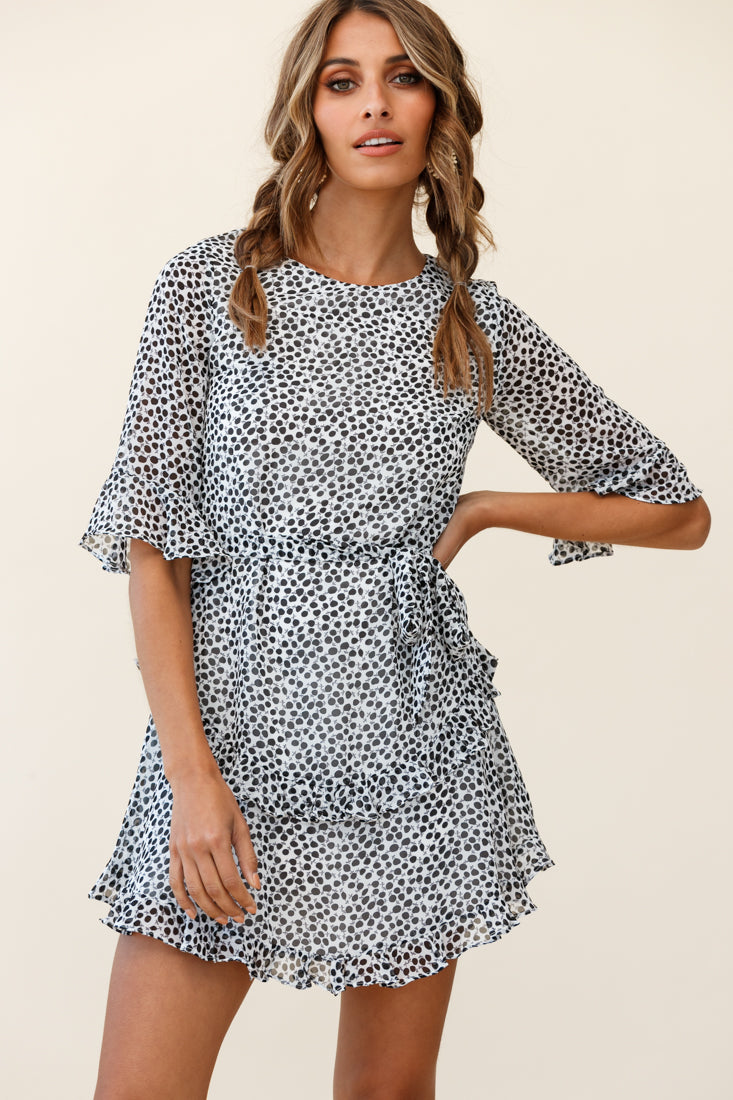 Wife Me Crew Neck Ruffle Insert Dress Polka Dot Black-Maymioy