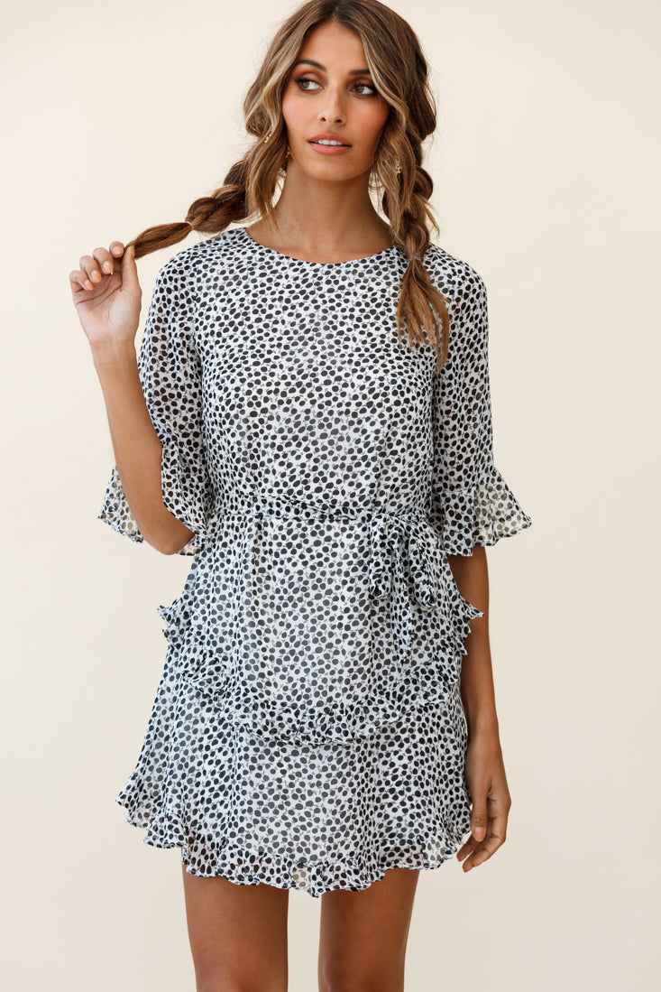 Wife Me Crew Neck Ruffle Insert Dress Polka Dot Black-Maymioy