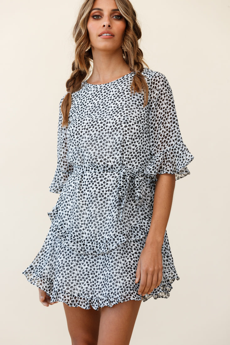 Wife Me Crew Neck Ruffle Insert Dress Polka Dot Black-Maymioy