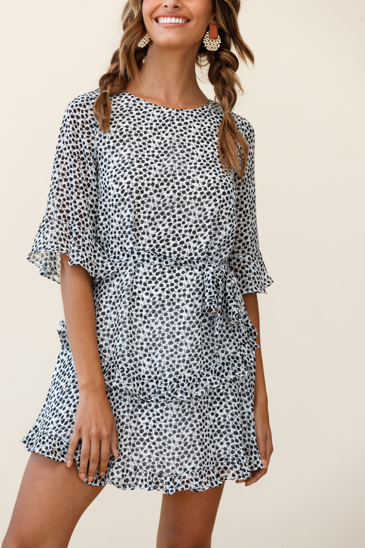 Wife Me Crew Neck Ruffle Insert Dress Polka Dot Black-Maymioy