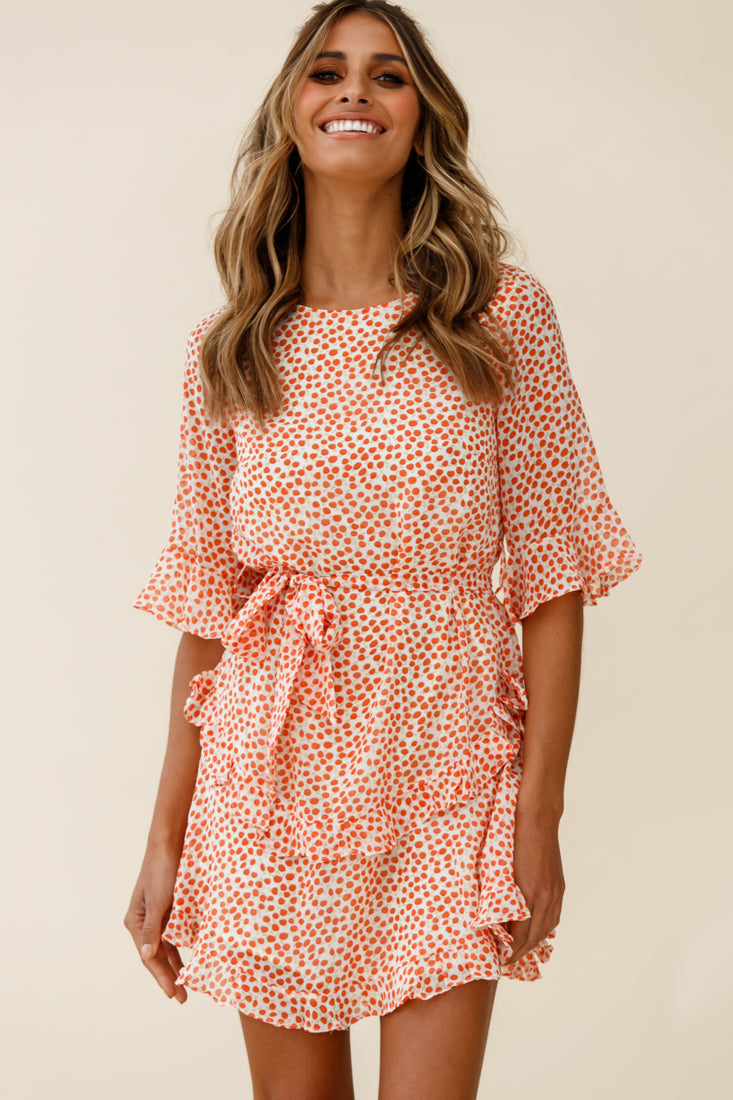 Wife Me Crew Neck Ruffle Insert Dress Polka Dot Orange-Maymioy