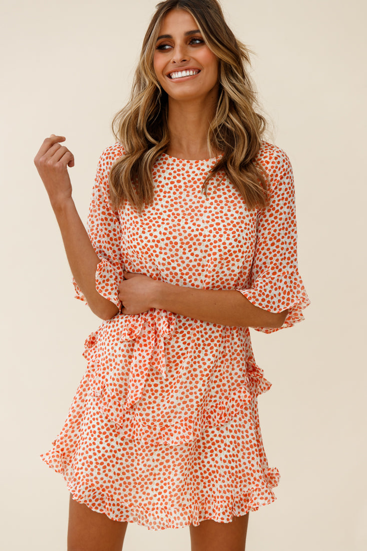Wife Me Crew Neck Ruffle Insert Dress Polka Dot Orange-Maymioy