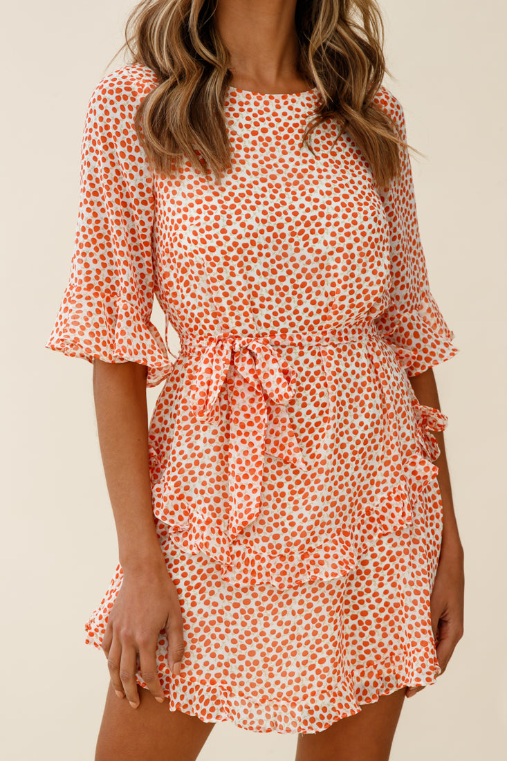 Wife Me Crew Neck Ruffle Insert Dress Polka Dot Orange-Maymioy