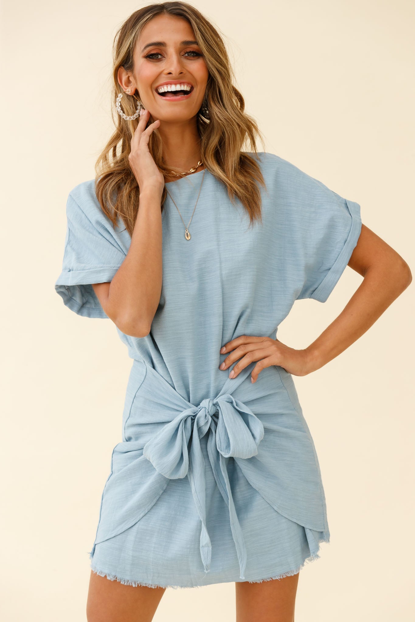 Marci Loose Fit Tie Feature Shirt Dress Blue-Maymioy
