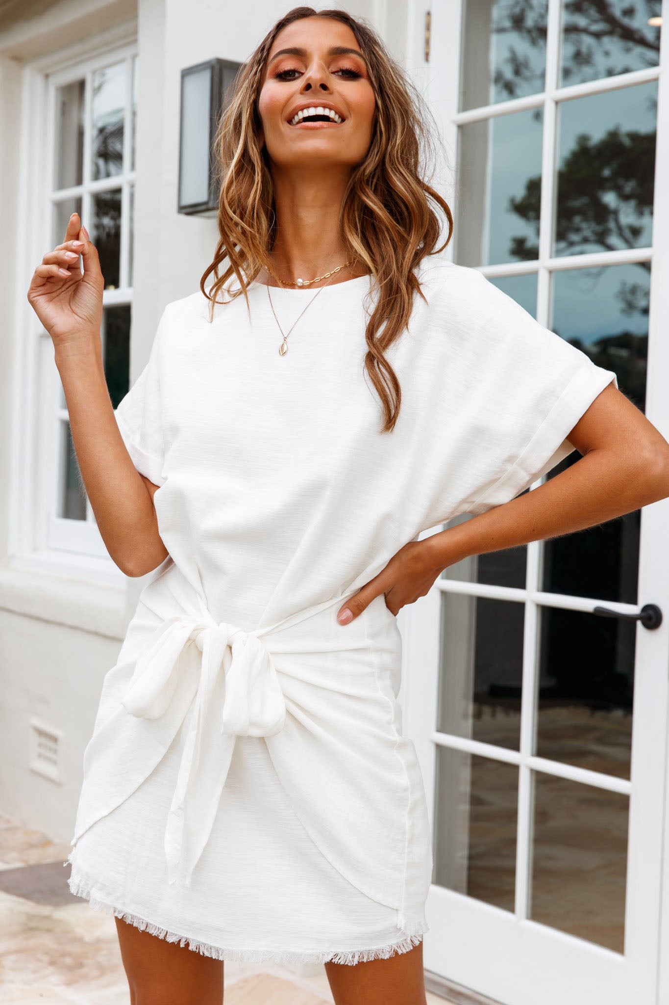Marci Loose Fit Tie Feature Shirt Dress White-Maymioy