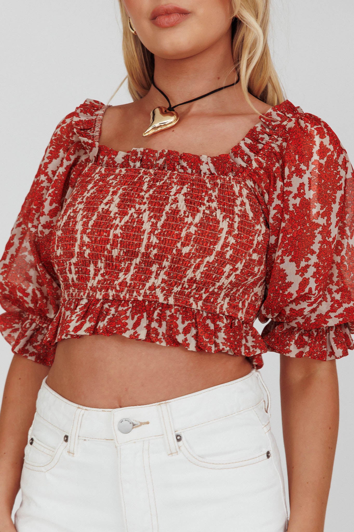 Meet Cute Shirred Bust Off-Shoulder Crop Top Floral Beige-Maymioy