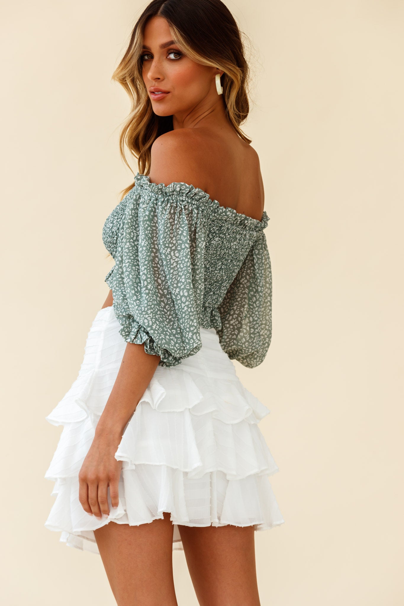Meet Cute Shirred Bust Off-Shoulder Crop Top Speckle Print Olive-Maymioy