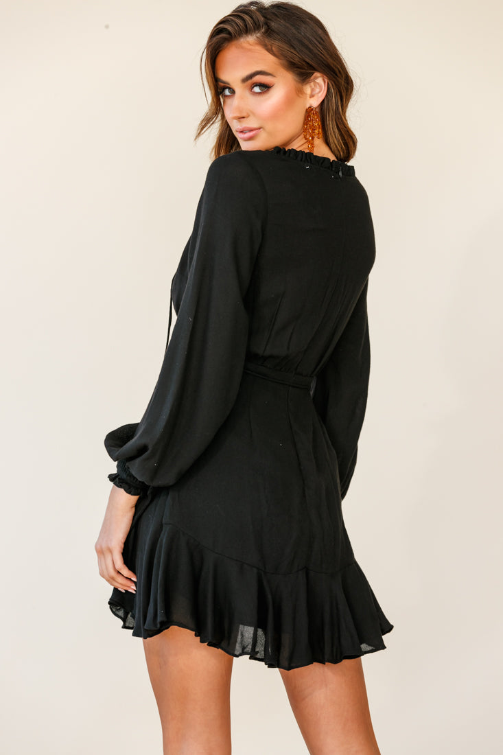 Santorini Long Sleeve String Tie Dress Black-Maymioy