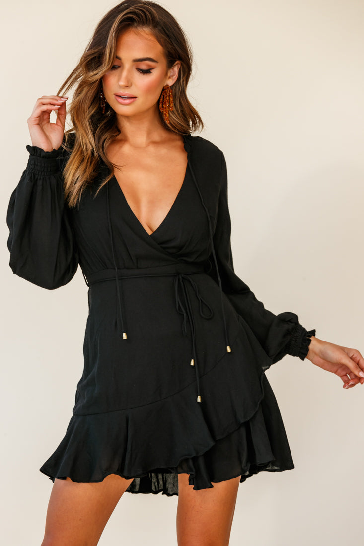 Santorini Long Sleeve String Tie Dress Black-Maymioy